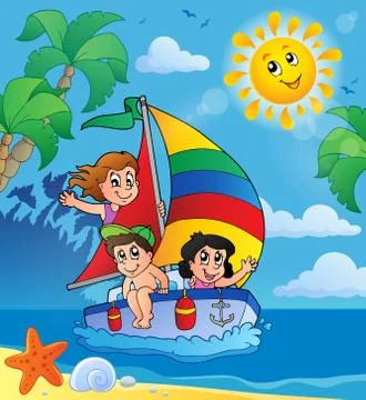 Summer theme with children on ship - illustration. Stock Illustration