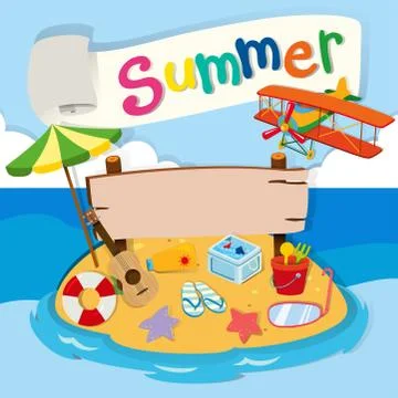 Summer theme with objects on the beach Illustrazione stock