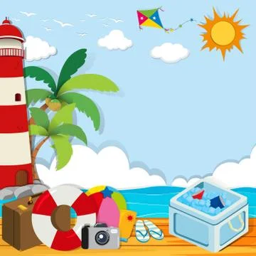 Summer theme with objects on the beach Illustrazione stock
