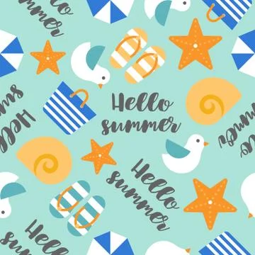 Summer theme seamless pattern with Hello summer handwriting, starfish, seagul Stock Illustration