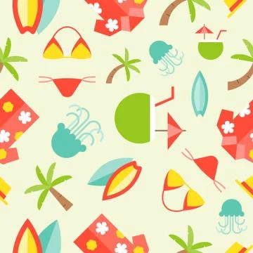 Summer theme seamless pattern vector, surfboard, Hawaii shirt, palm tree, bik Stock Illustration