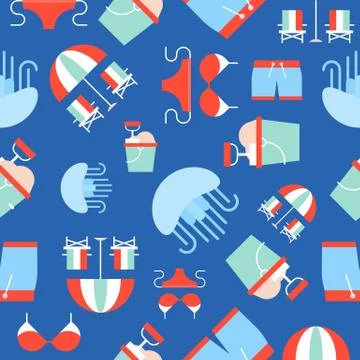 Summer theme seamless pattern vector, jelly fish, bikini, swim suit, bucket a 스톡 일러스트