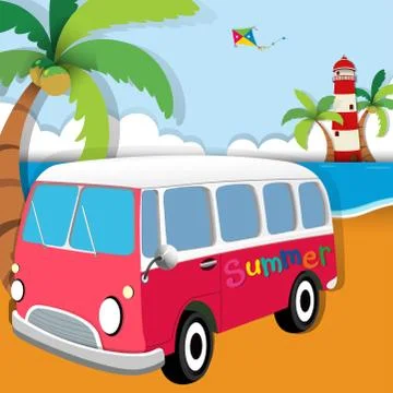 Summer theme with van on the beach Illustrazione stock