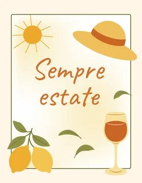 Summer-themed flat illustration with lemons, wine glass, sun, straw hat, an.. Stock Illustration