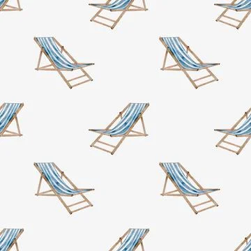Summer-themed pattern featuring striped loungers on a white background Stock Illustration