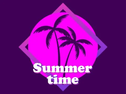 Summer time 80s retro sci-fi palm trees on a sunset. Synthwave and retrowave  Illustrazione stock