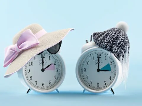 Summer time and winter time clock. changing time concept. 3d rendering Stock Illustration