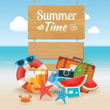 Summer time background banner design template and wooden sign element beach.. Stock Illustration