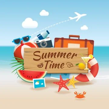 Summer time background banner design template and wooden sign season elemen.. Stock Illustration