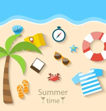 Summer Time Background with Flat Set Colorful Simple Icons on the Beach Stock Illustration