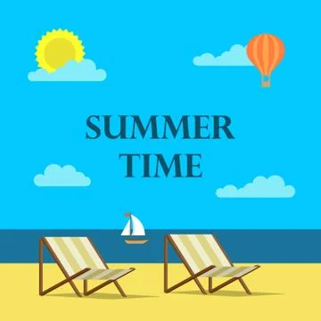 Summer time background illustration in flat design style. Beach, sea and clouds Stock Illustration