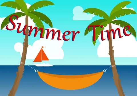Summer time banner. Background summer image with seascape and palm trees. 스톡 일러스트