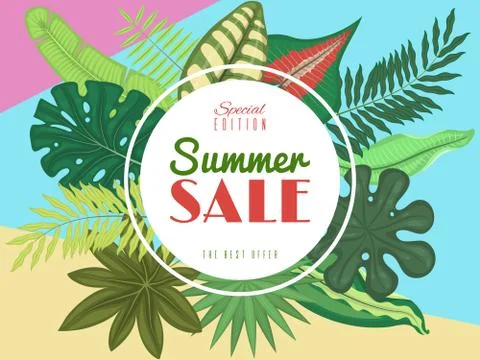 Summer time banner, flyer vector illustration. Tropical leaves. Amazing palms Stock-Illustration