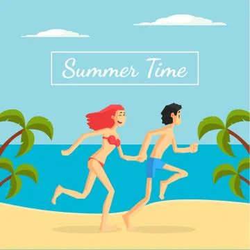 Summer Time Banner Template, Happy Young Couple Running on Tropical Beach Vector Ilustração Stock