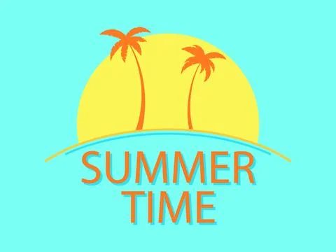 Summer time banner with text and two palm trees at sunrise. Summer tropical.. イラスト素材