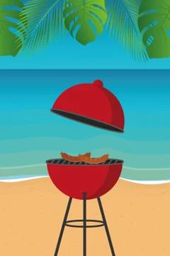 Summer time barbeque on the beach with palm leaf 스톡 일러스트