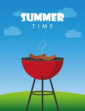 Summer time bbq red kettle barbecue with sausages 스톡 일러스트