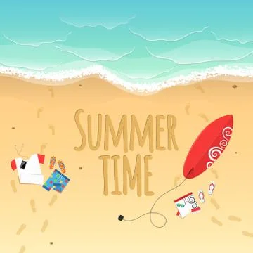 Summer time. On the beach are things. Sand grains. Waves from the sea. Time.. Stock Illustration