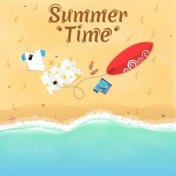 Summer time. On the beach are things, a surfboard and accessories. Cover for Stock Illustration