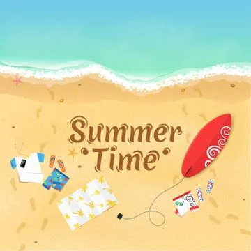 Summer time. On the beach are things, a surfboard and accessories. Cover for 库存插图