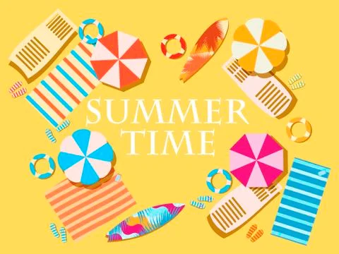 Summer time. Beach elements, umbrellas, shelves, coverlets, flip flops, surfb Stock Illustration