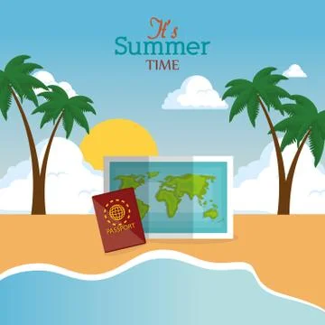 Summer time beach with icons 库存插图