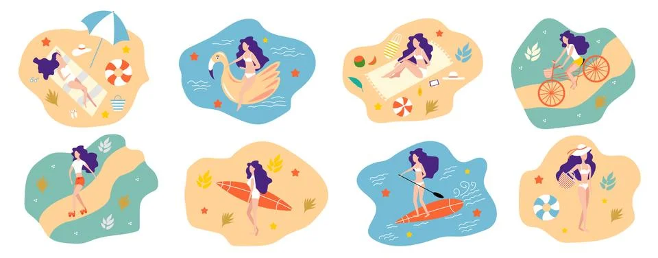 Summer time beach illustration in vector. Girl swimming, sunbathing and relax Stock Illustration