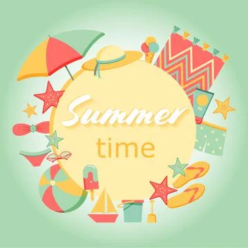 Summer time. Beach items poster.	 Stock Illustration