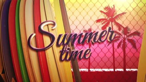 Summer Time on beach with palms tree and surfing boards in sunset Video stock 197491062
