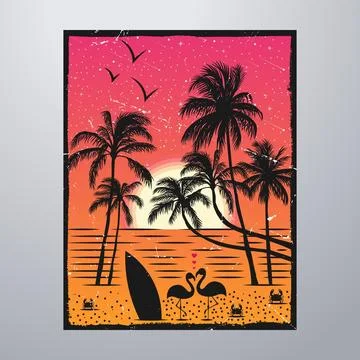 Summer Time On The Beach Poster With Grunge Textures Artwork Stock Illustration