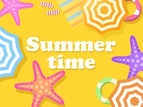 Summer time. Beach top view. Beach umbrella and starfish on the sand. Flat de Stock Illustration