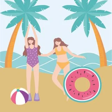 Summer time beach women with float ball and palms vacation tourism Illustrazione stock