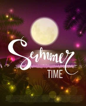Summer time. Beautiful tropical background. The night sky, the ocean, big moon Stock-Illustration