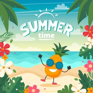 Summer time card with pineapple character, beach landscape, lettering and flo Illustrazione stock