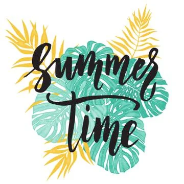 Summer Time card with tropical leaf seamless pattern. Illustrazione stock