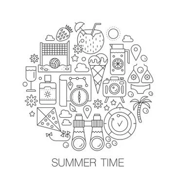 Summer time in circle - concept line illustration for cover, emblem, badge Stock Illustration