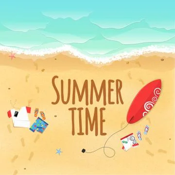 Summer time. Clothes on the beach. Sand grains. Waves from the sea. Time fo.. Illustrazione stock