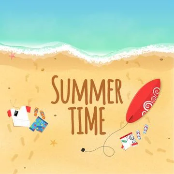 Summer time. Clothes on the beach. Sand grains. Waves from the sea. Surfboa.. Stock Illustration