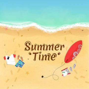 Summer time. Clothes on the beach. Sand grains. Waves from the sea. Red boa.. Stock Illustration