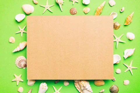 Summer time concept with blank greeting card and blank craft paper on color.. Stock Photos