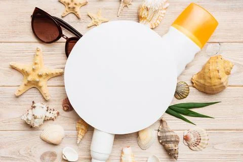 Summer time concept with blank greeting card and blank white paper on color.. Stock Photos