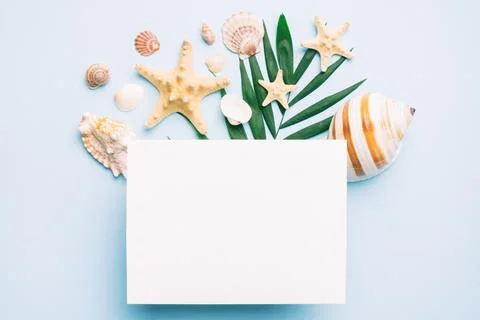 Summer time concept with blank greeting card and blank white paper on color.. Fotos Stock