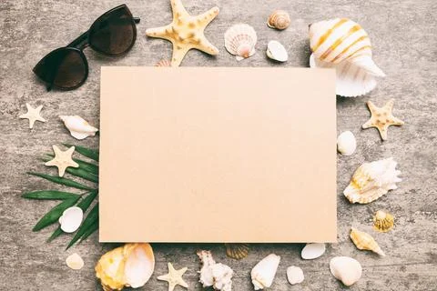 Summer time concept with blank greeting card and blank craft paper on color.. Stock Photos