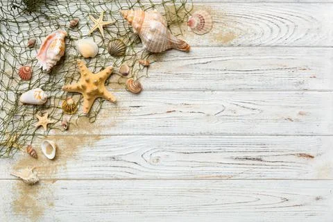 Summer time concept Flat lay composition with beautiful starfish and sea shel Stock Photos