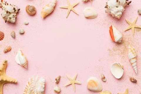 Summer time concept Flat lay composition with beautiful starfish and sea shel Stock Photos