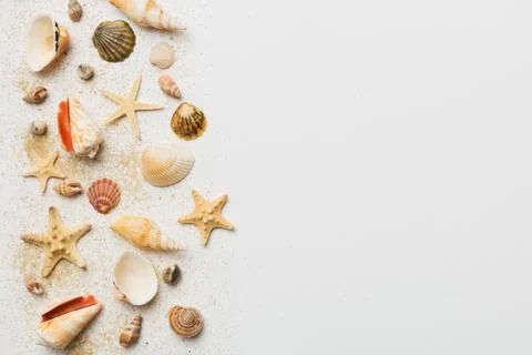 Summer time concept Flat lay composition with beautiful starfish and sea shel Stock Photos