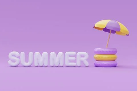 Summer time concept with inflatable ring and beach umbrella on purple backgro Stock Illustration