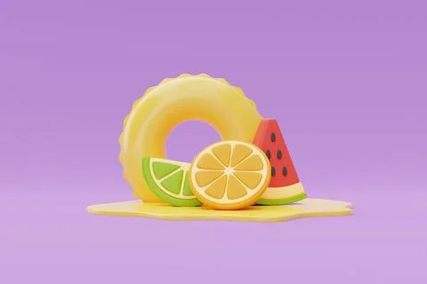 Summer time concept with inflatable ring and colorful summer fruits on purple Stock Illustration