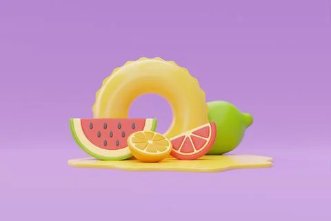 Summer time concept with inflatable ring and colorful summer fruits on purple Stock Illustration