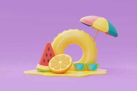 Summer time concept with inflatable ring and colorful summer fruits on purple Stock Illustration